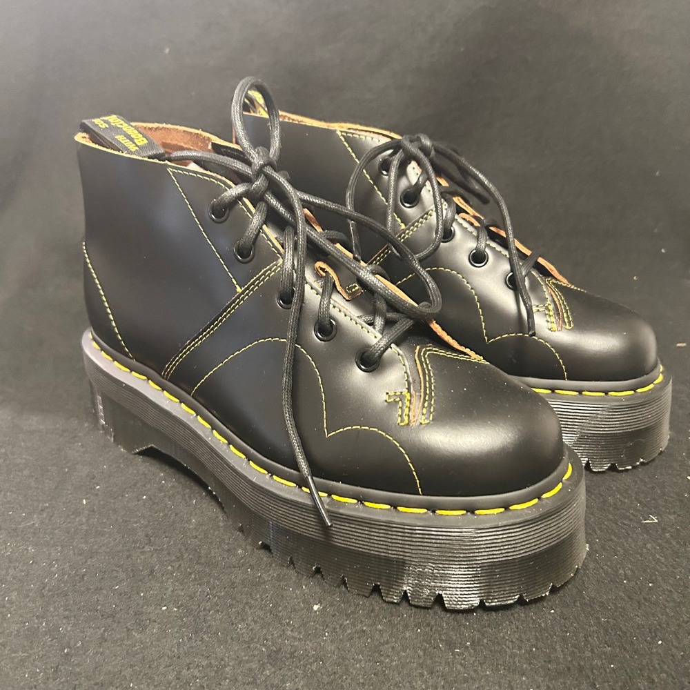 Dr. Martens Church Quad Platform Monkey Boots Women 7 Black Leather Ankle Boot